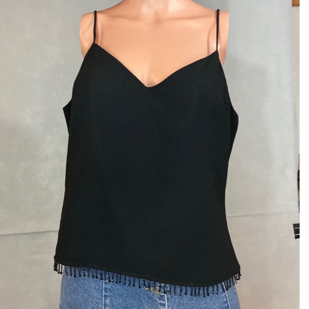 Vintage whimsygoth Black‎ Beaded Fringe Camisole  Women Size 12 Layering Office